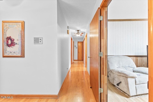 corridor featuring wooden walls, light hardwood / wood-style floors, and a textured ceiling