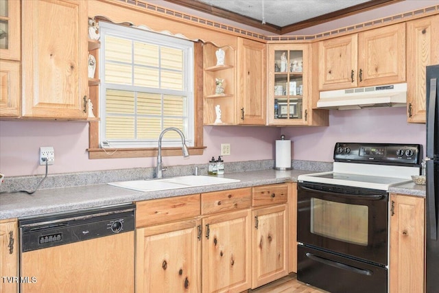 kitchen featuring crown molding, sink, electric range, light brown cabinetry, and dishwashing machine