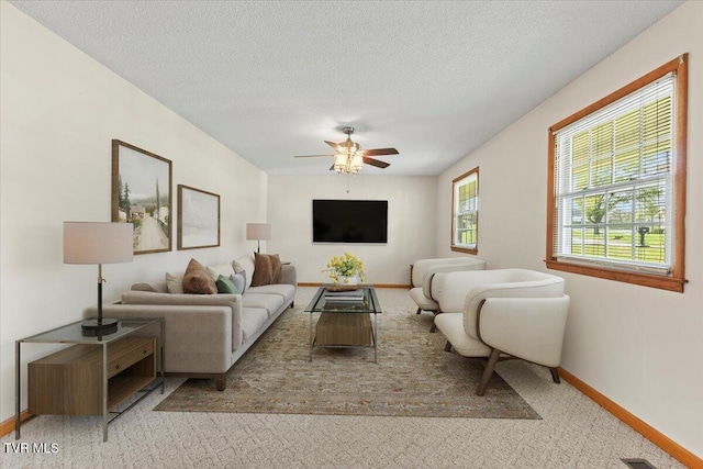 212 Mayflower Rd, Johnson City, TN 37601 - living room featuring carpet, a textured ceiling, a ceiling fan, and baseboards