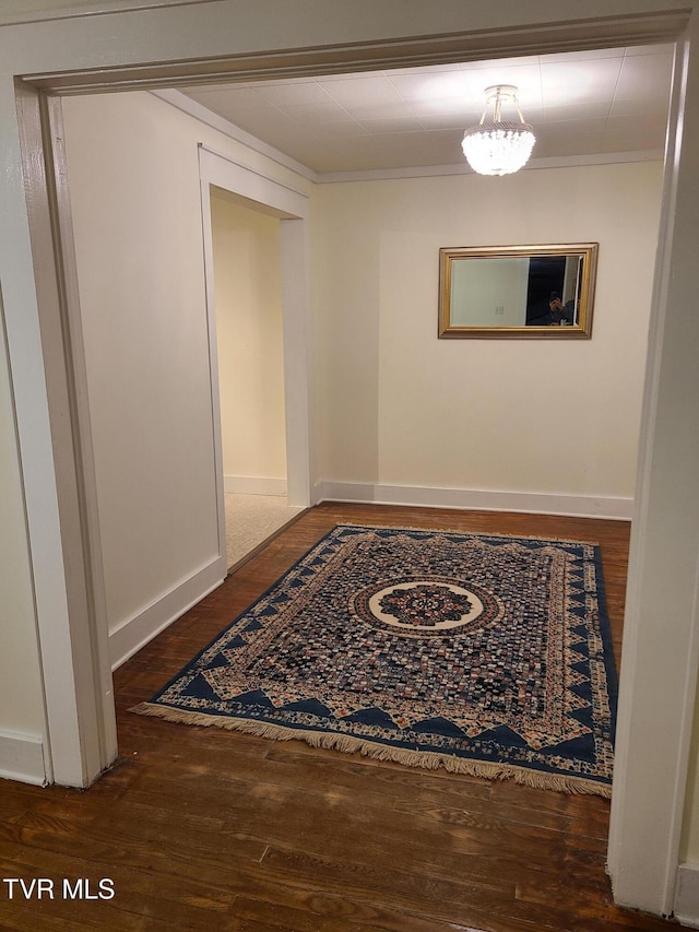 hallway featuring dark hardwood / wood-style flooring and ornamental molding