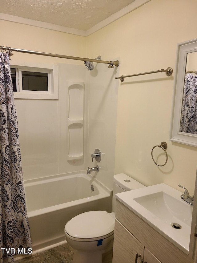 full bathroom with a textured ceiling, vanity, toilet, and shower / bathtub combination with curtain