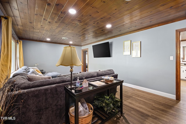 living room featuring wood-type flooring, ornamental molding, and wood ceiling