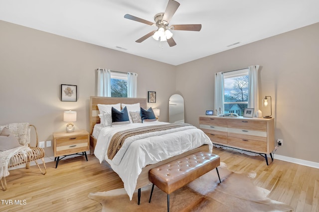 bedroom featuring ceiling fan and light hardwood / wood-style flooring