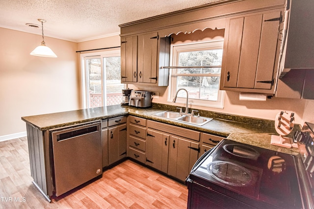 kitchen featuring kitchen peninsula, electric range oven, stainless steel dishwasher, sink, and light hardwood / wood-style flooring