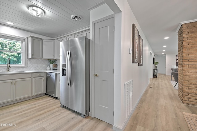 kitchen with tasteful backsplash, sink, gray cabinetry, light hardwood / wood-style floors, and stainless steel appliances