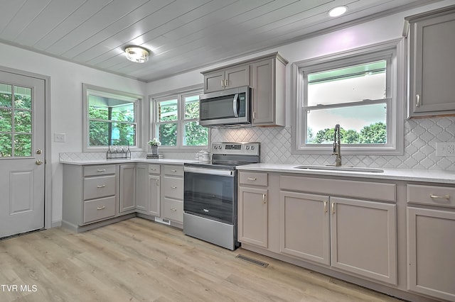 kitchen with sink, light wood-type flooring, gray cabinets, and appliances with stainless steel finishes