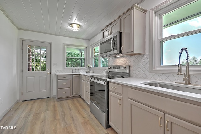 kitchen featuring plenty of natural light, appliances with stainless steel finishes, sink, and light wood-type flooring