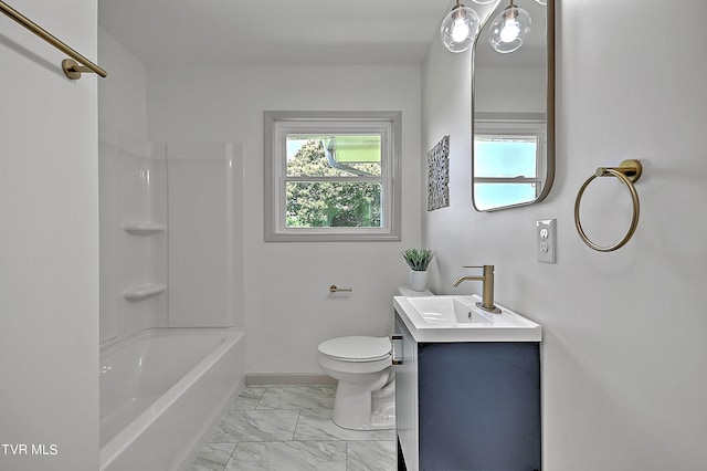 full bathroom with shower / tub combination, vanity, and toilet