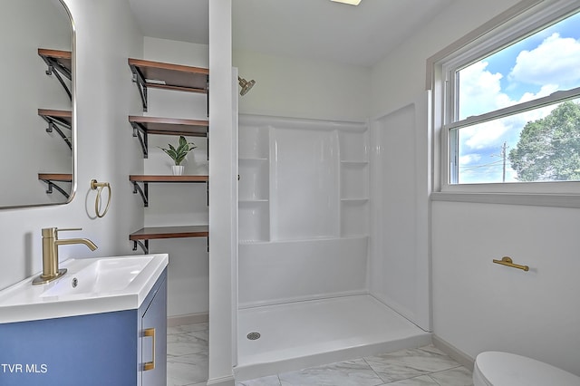 bathroom featuring vanity, toilet, and a shower