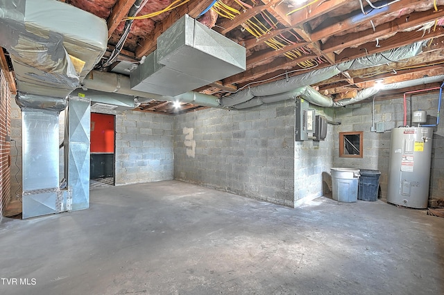 basement with heating unit and water heater