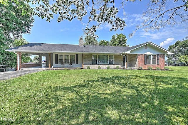 ranch-style house with a carport, a porch, and a front yard