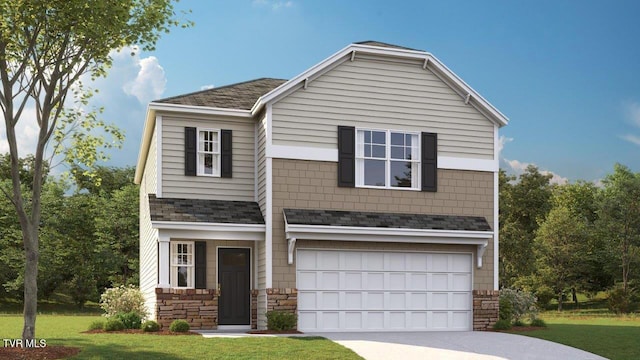 view of front facade featuring a front yard and a garage