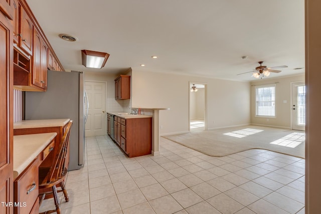 kitchen with light carpet, sink, crown molding, ceiling fan, and appliances with stainless steel finishes