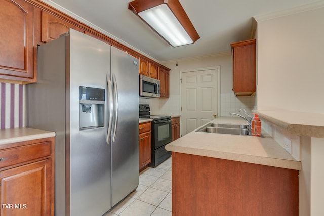 kitchen featuring appliances with stainless steel finishes, backsplash, crown molding, sink, and light tile patterned floors