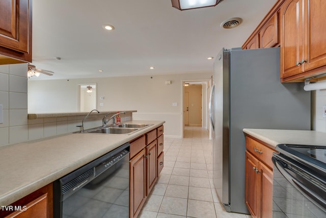 kitchen with dishwasher, sink, ceiling fan, ornamental molding, and light tile patterned flooring