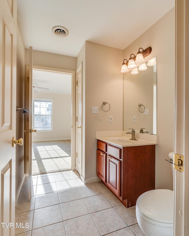 bathroom featuring tile patterned flooring, vanity, ceiling fan, and toilet