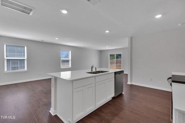 kitchen featuring dark wood-style flooring, a sink, visible vents, a wealth of natural light, and dishwasher