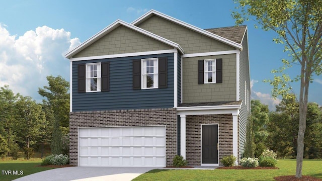 view of front facade featuring driveway, brick siding, a front lawn, and an attached garage