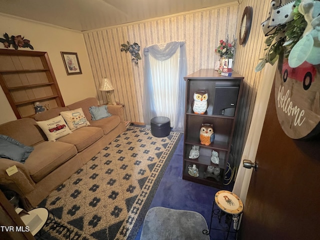 carpeted living room featuring crown molding