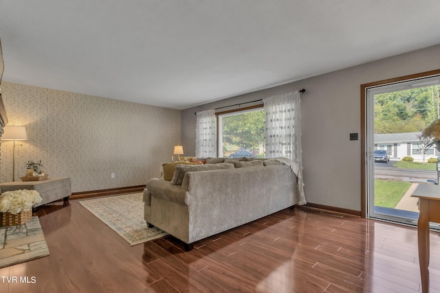 living room with dark hardwood / wood-style flooring