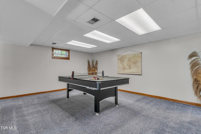 game room with carpet flooring and a paneled ceiling