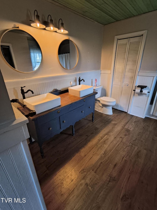 bathroom with toilet, vanity, and hardwood / wood-style flooring