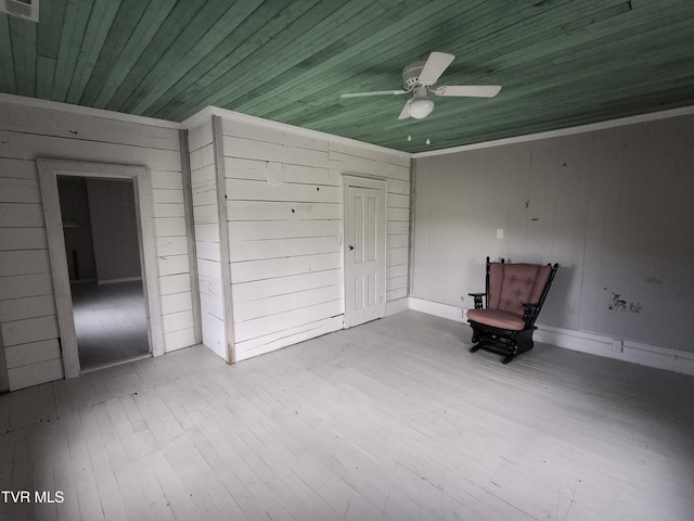 unfurnished room with light hardwood / wood-style floors, ceiling fan, wooden walls, and wood ceiling