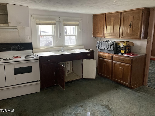 kitchen with dark colored carpet, white range with electric stovetop, sink, and a textured ceiling