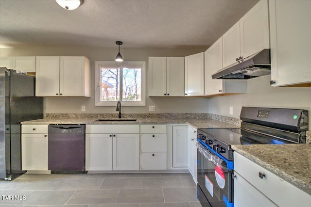 kitchen with white cabinetry, sink, light stone countertops, hanging light fixtures, and black appliances