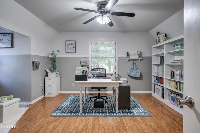 office with hardwood / wood-style flooring, ceiling fan, and lofted ceiling