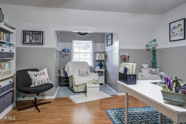 office space featuring hardwood / wood-style floors and vaulted ceiling