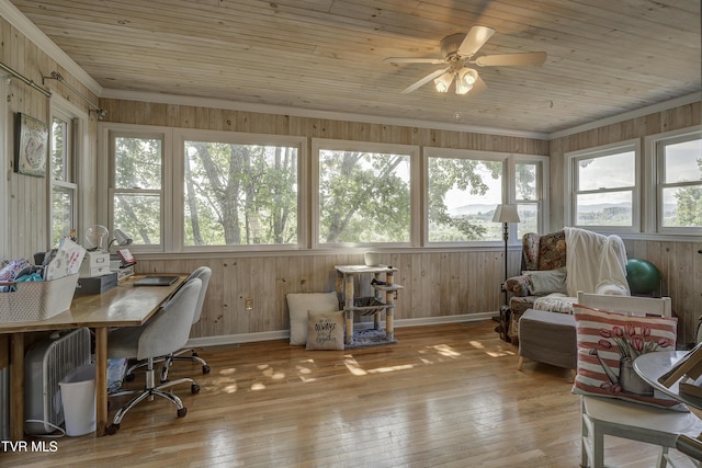 sunroom / solarium featuring ceiling fan, plenty of natural light, and wood ceiling