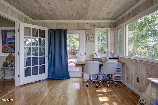 home office featuring wooden walls, hardwood / wood-style floors, wooden ceiling, and ornamental molding