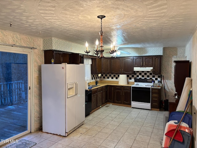 kitchen with white appliances, an inviting chandelier, tasteful backsplash, decorative light fixtures, and dark brown cabinetry