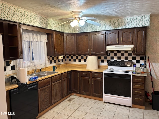 kitchen with electric range, dishwasher, dark brown cabinets, and sink