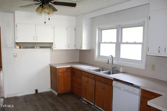 kitchen featuring white cabinetry, sink, ceiling fan, white dishwasher, and extractor fan