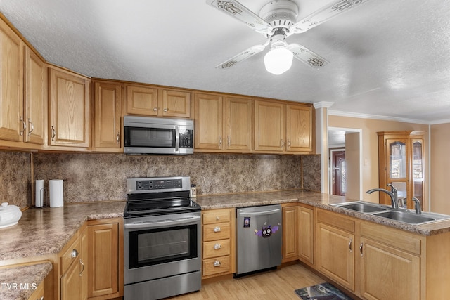 kitchen featuring a peninsula, a sink, appliances with stainless steel finishes, light wood-type flooring, and decorative backsplash