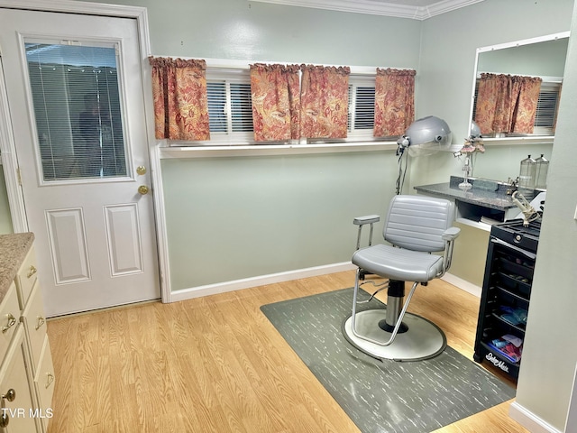 living area with light hardwood / wood-style floors and ornamental molding