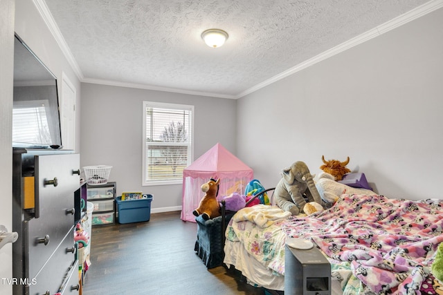 bedroom with a textured ceiling, dark hardwood / wood-style floors, and crown molding