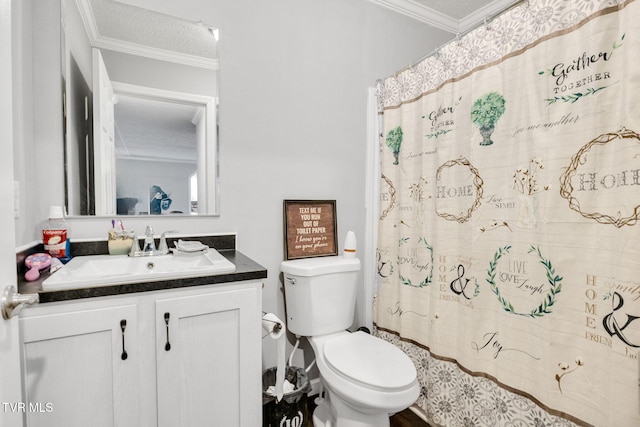 bathroom with toilet, vanity, a textured ceiling, and ornamental molding