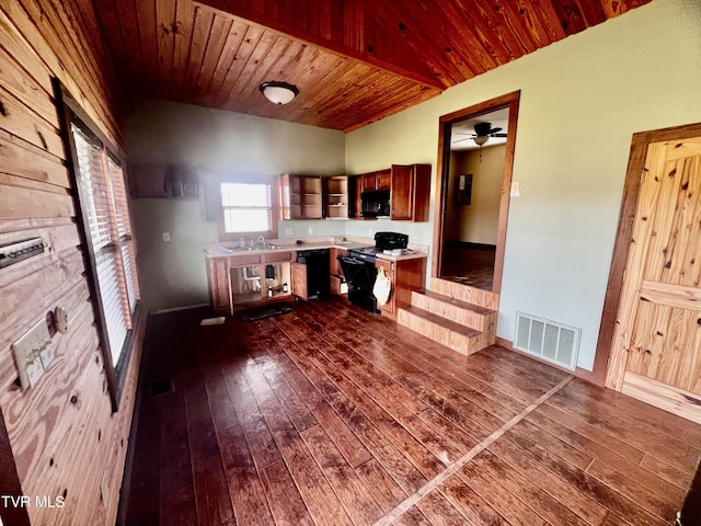 unfurnished office with dark hardwood / wood-style floors, ceiling fan, wooden ceiling, and sink