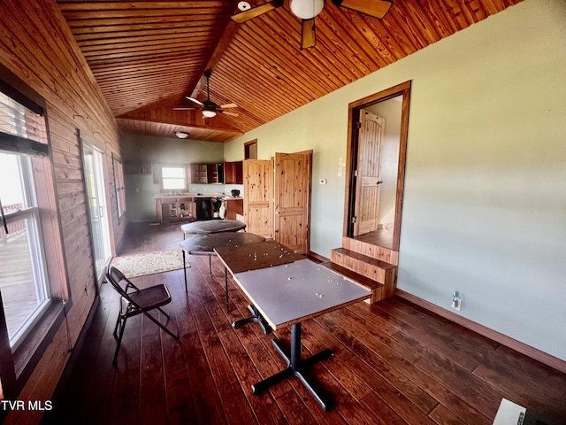 dining area with ceiling fan, a healthy amount of sunlight, and dark wood-type flooring