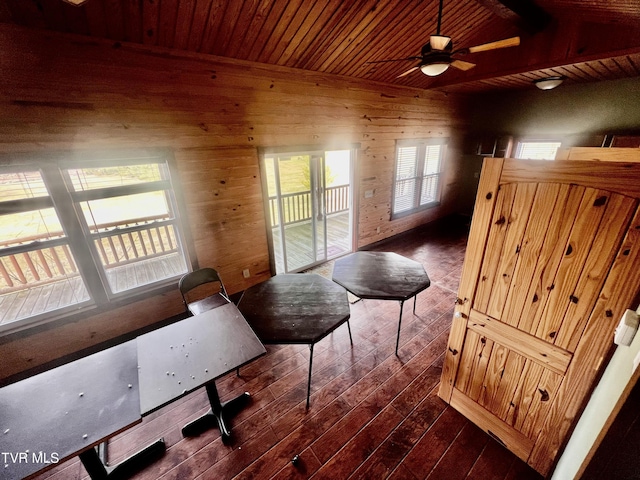 sitting room with dark hardwood / wood-style floors, ceiling fan, wooden ceiling, and wood walls