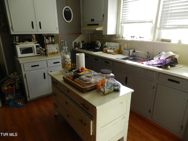 kitchen featuring stainless steel gas stovetop, dark hardwood / wood-style flooring, and sink