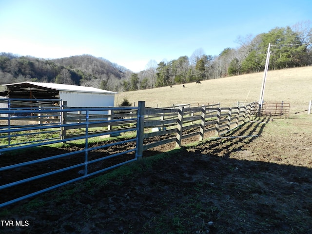 view of yard featuring a rural view and an outdoor structure