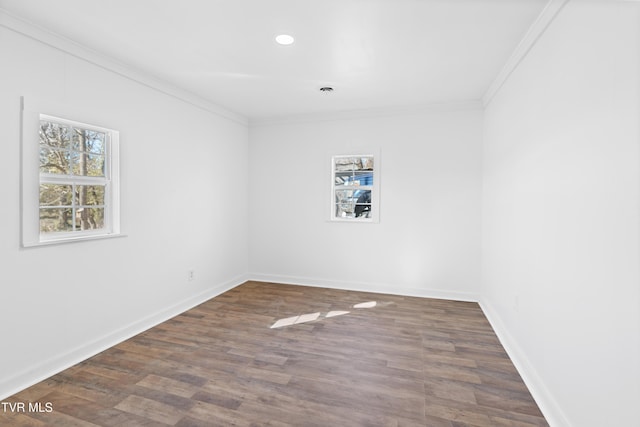 unfurnished room with dark hardwood / wood-style floors and ornamental molding