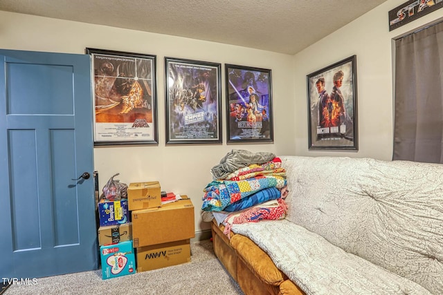 bedroom with carpet and a textured ceiling