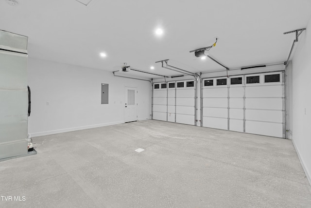 garage with electric panel and a garage door opener