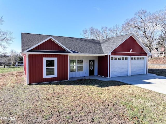 single story home with a garage and a front yard