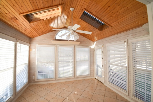 unfurnished sunroom featuring lofted ceiling with skylight, ceiling fan, and wooden ceiling